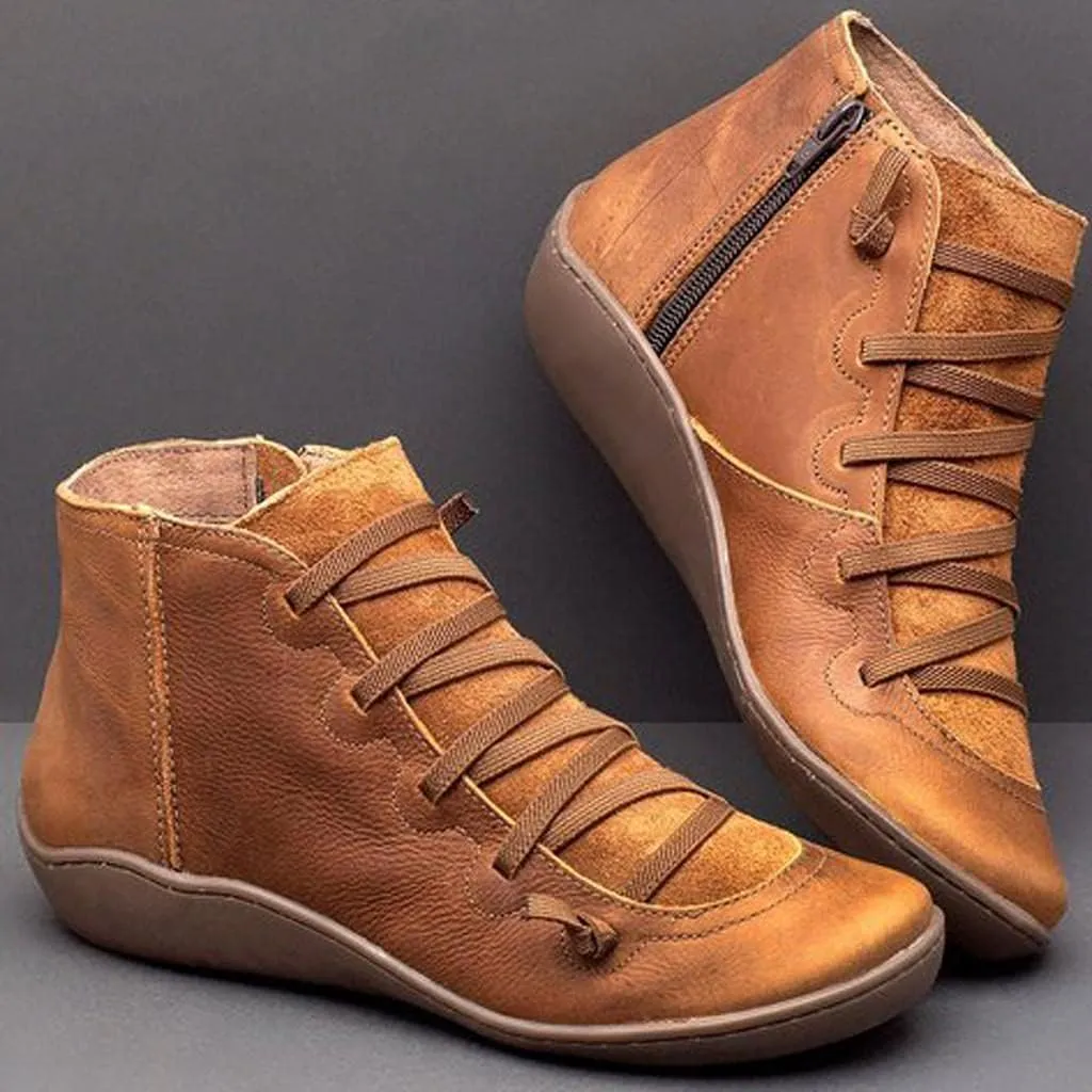 Ankle Boots for Women No Heel,2019 New Arch Support Boots Side Zipper Vintage Leather Damping Shoes Flat Heel Booties