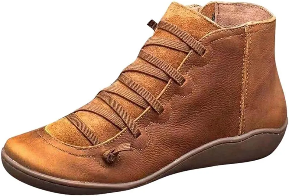 Ankle Boots for Women No Heel,2019 New Arch Support Boots Side Zipper Vintage Leather Damping Shoes Flat Heel Booties