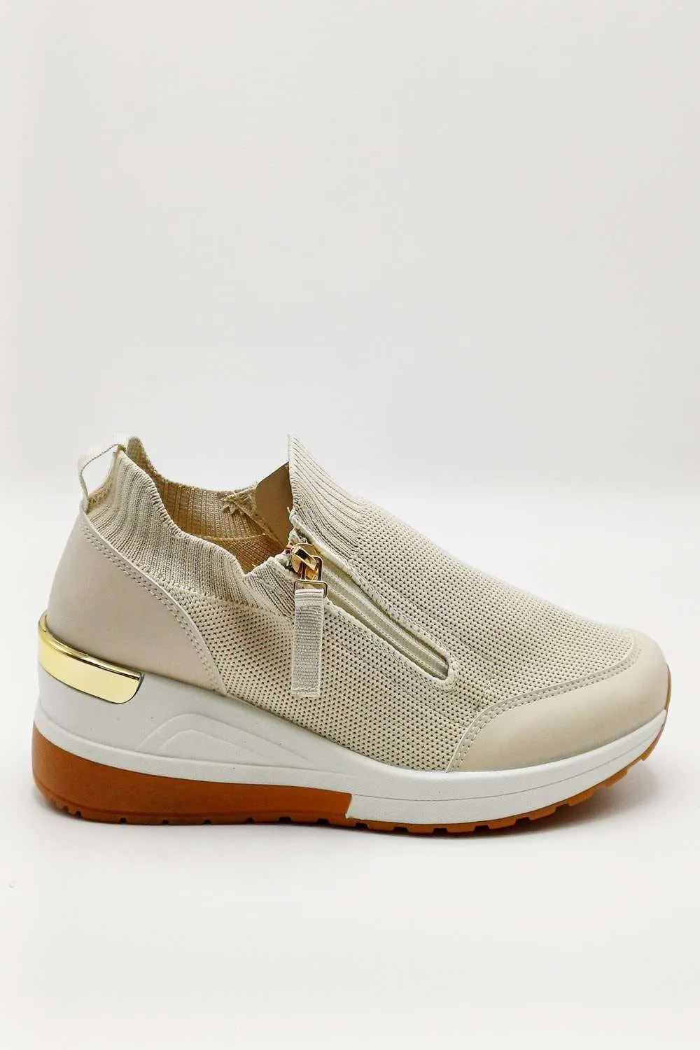 Axel Slip On Side Zip Trainers in Beige