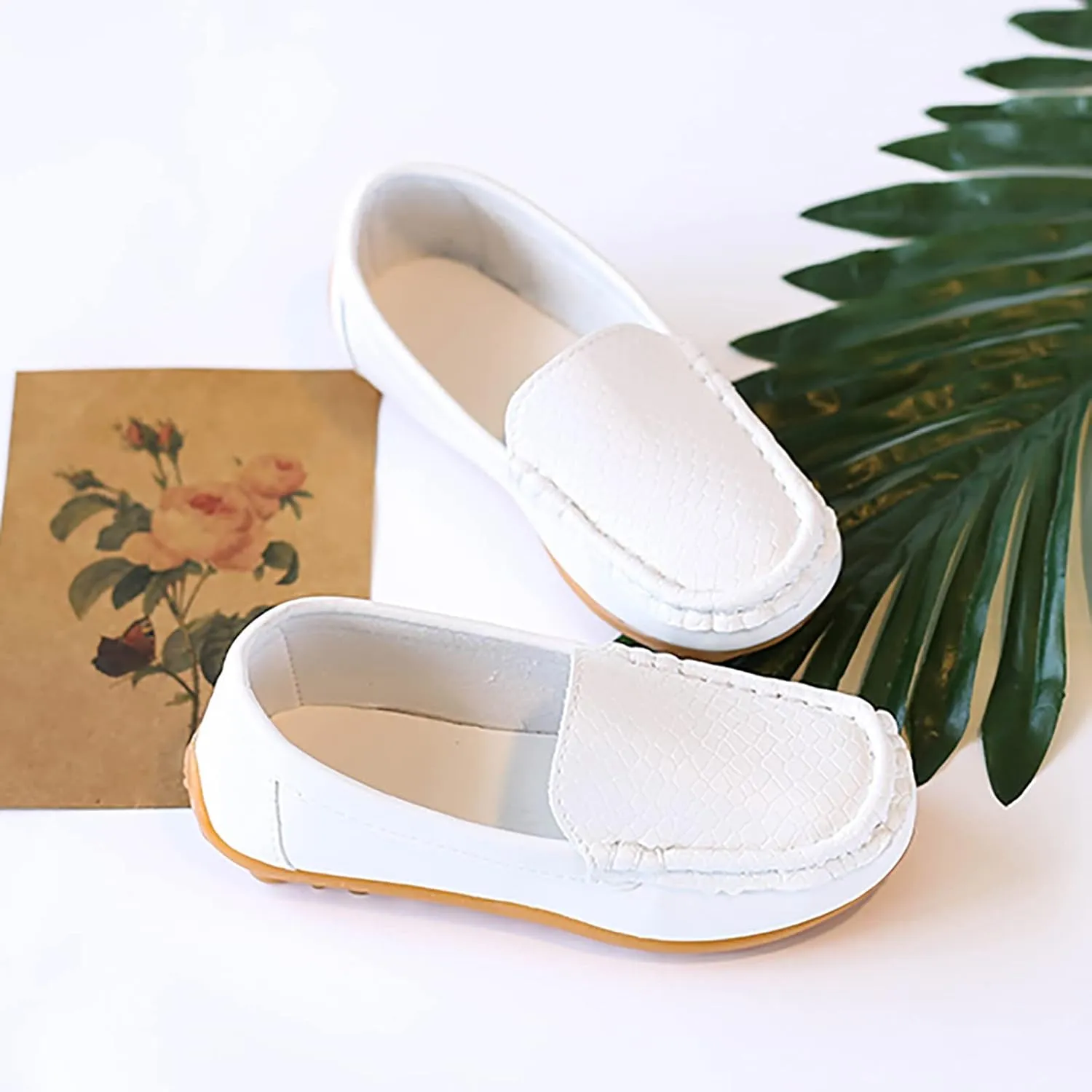 Boys Girls Leather Loafers Soft Slip-On Texture Flat Boat Dress occasin Schooling Daily Casual Walking Shoes