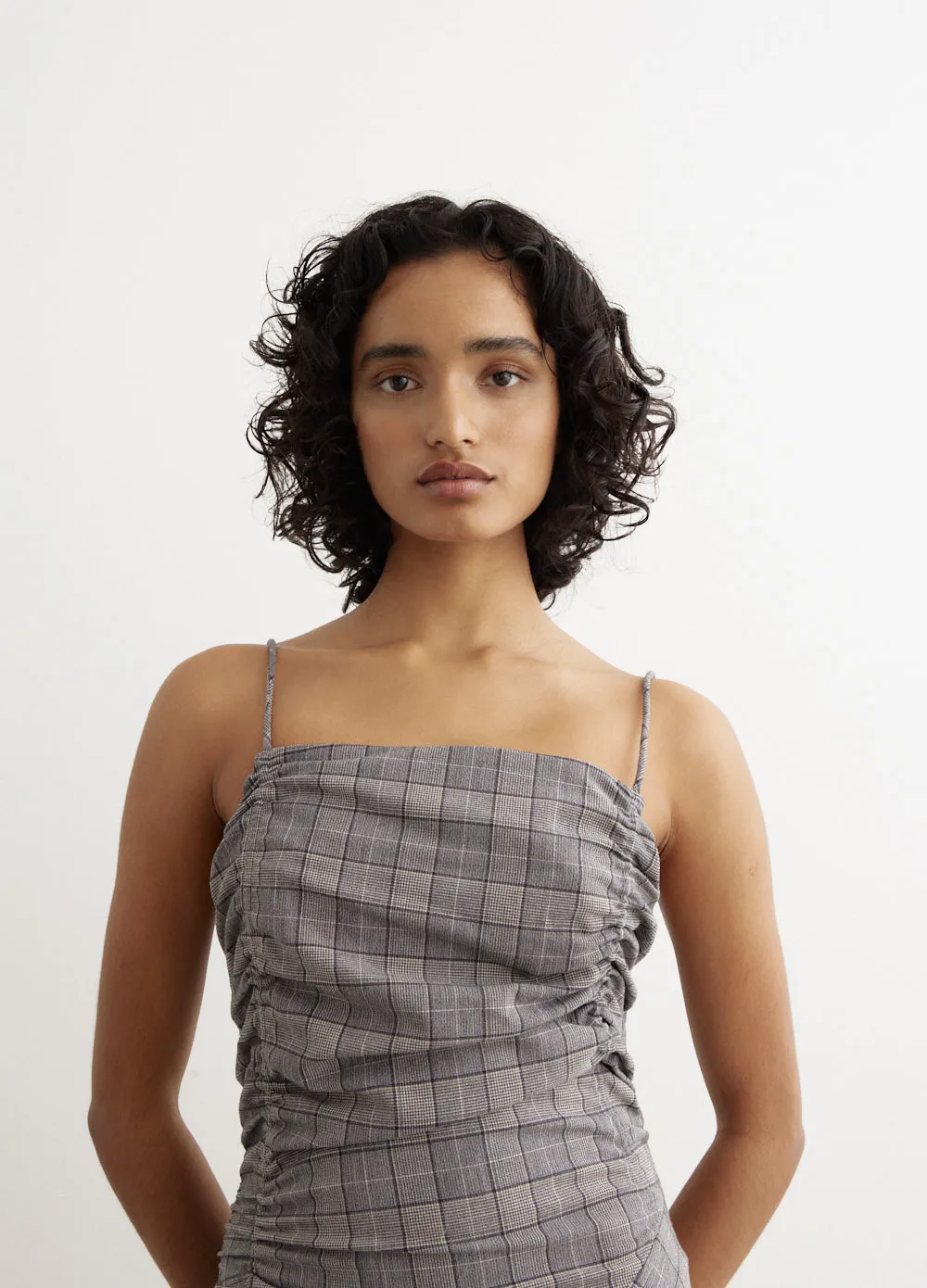 Check Mix Ruched Long Slip Dress