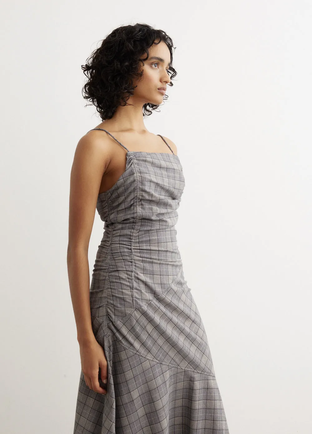 Check Mix Ruched Long Slip Dress