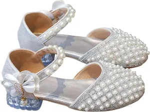 Girls Glitter Pearl Sandals Closed Toe Adjustable Bow Straps Mary Jane Princess Shoes Kids Dress up Sandals for Wedding