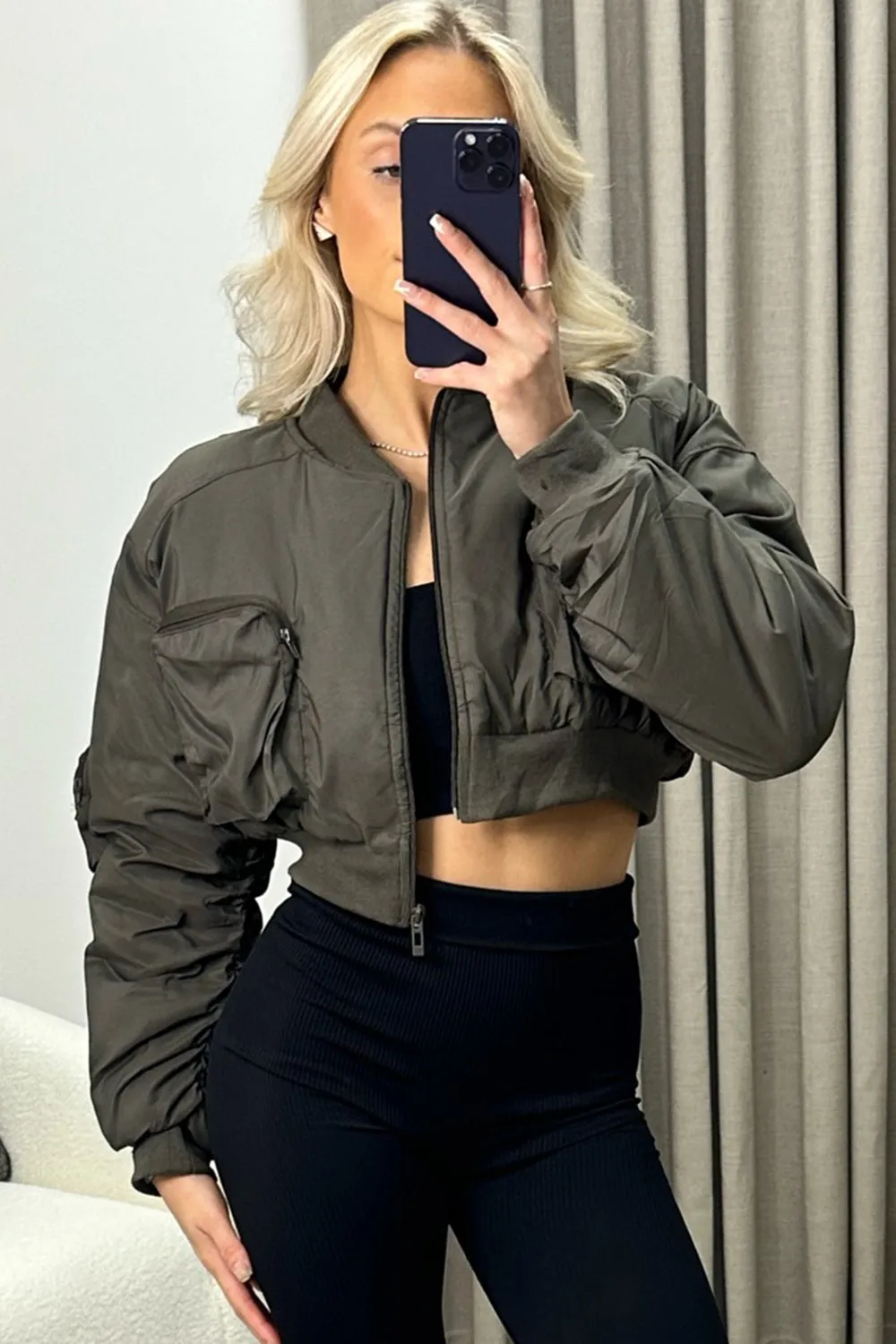 Ilana Khaki Ruched Sleeve Utility Pocket Cropped Bomber Jacket