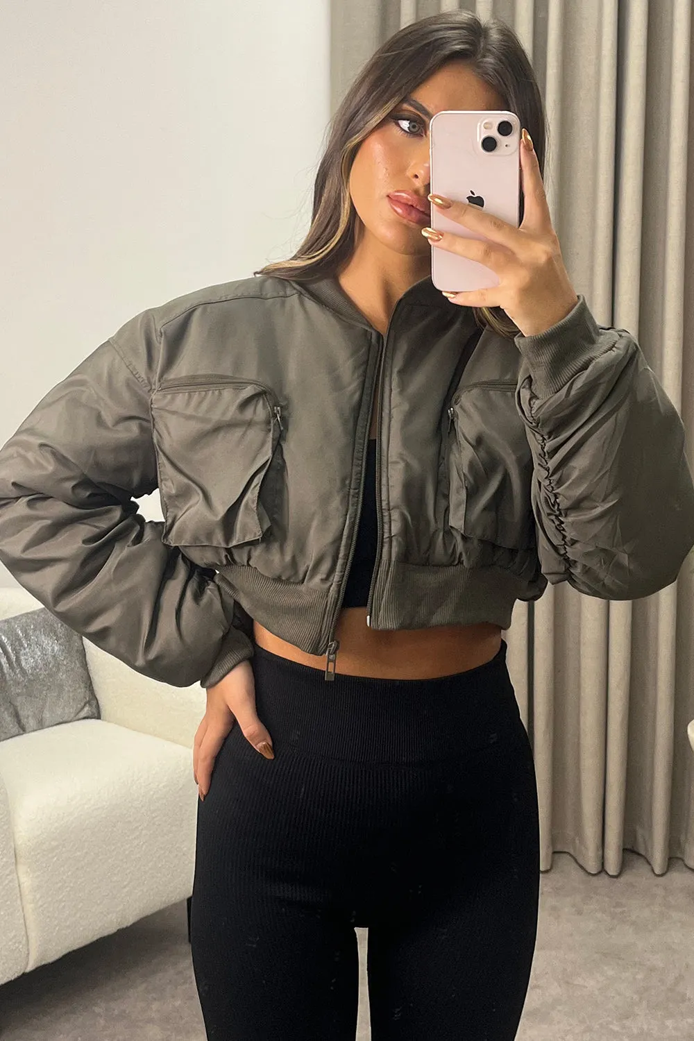 Ilana Khaki Ruched Sleeve Utility Pocket Cropped Bomber Jacket