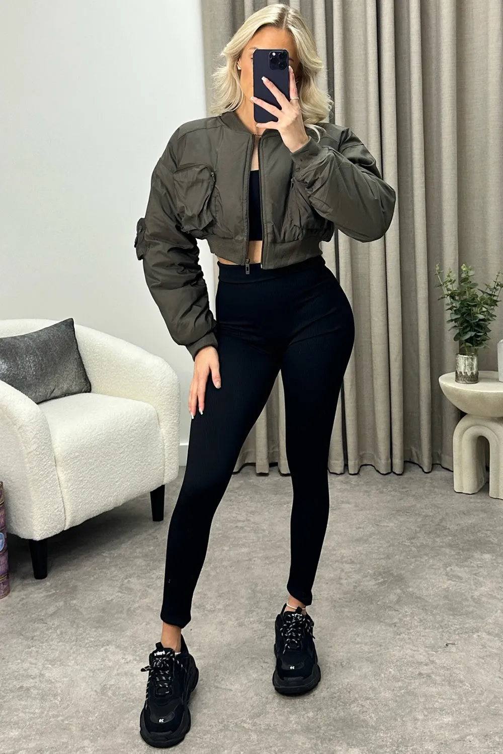 Ilana Khaki Ruched Sleeve Utility Pocket Cropped Bomber Jacket