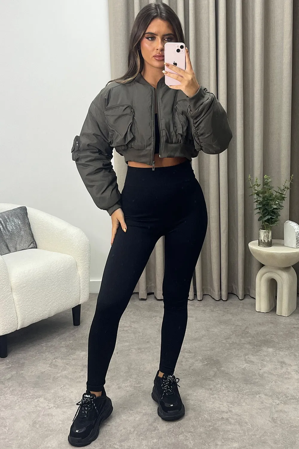 Ilana Khaki Ruched Sleeve Utility Pocket Cropped Bomber Jacket