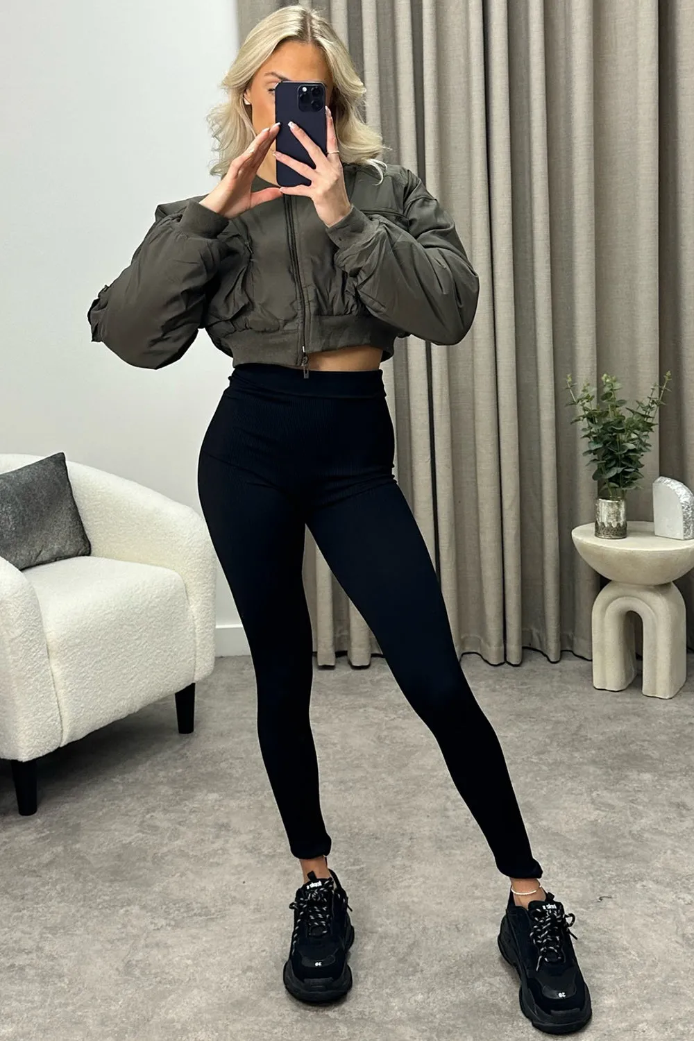 Ilana Khaki Ruched Sleeve Utility Pocket Cropped Bomber Jacket