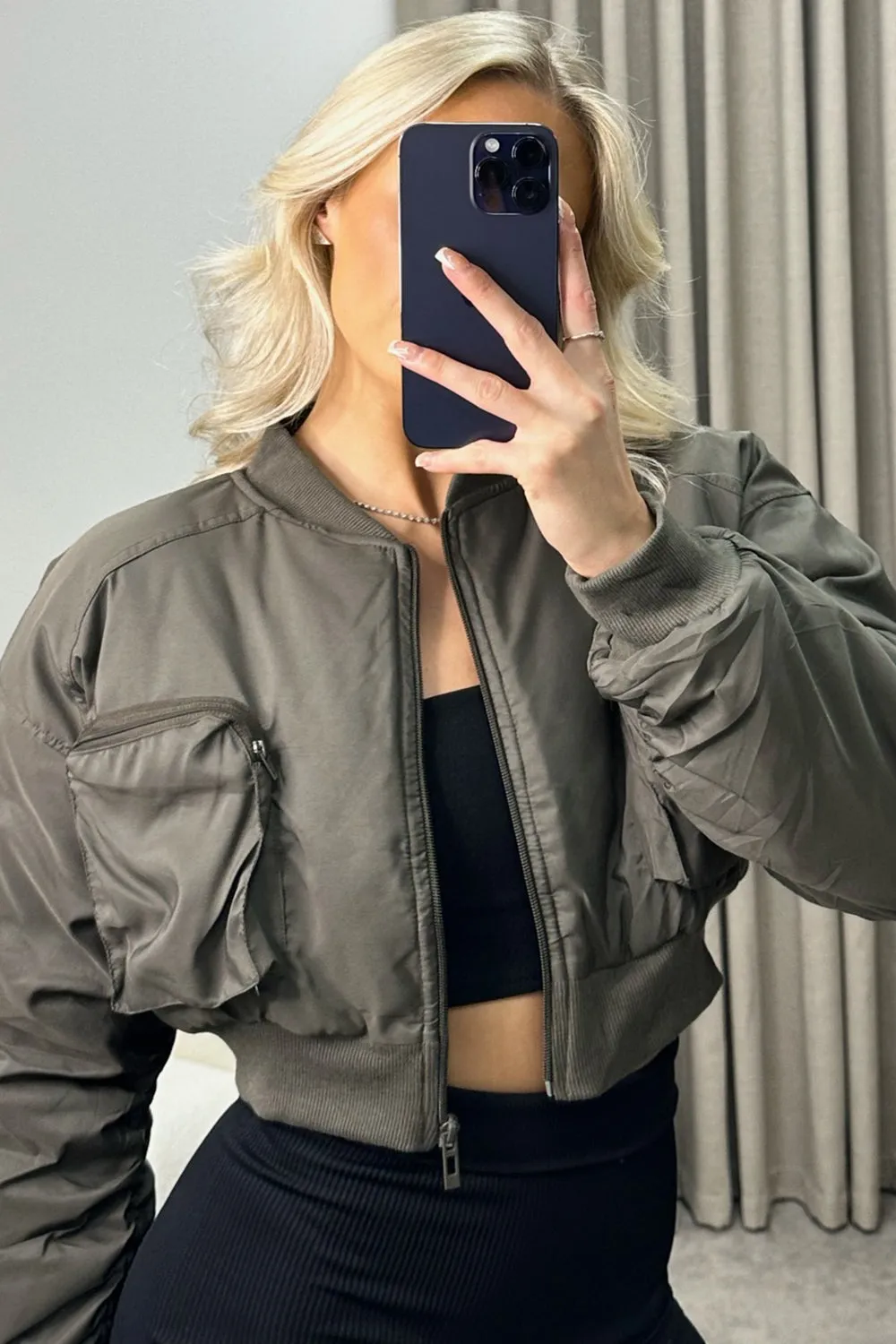 Ilana Khaki Ruched Sleeve Utility Pocket Cropped Bomber Jacket