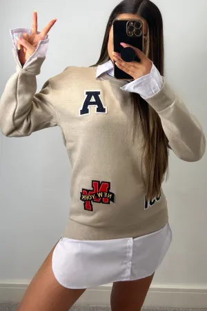 Isabella Beige Slogan Patch Undershirt Sweatshirt