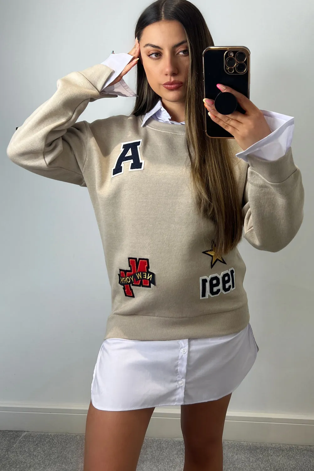 Isabella Beige Slogan Patch Undershirt Sweatshirt