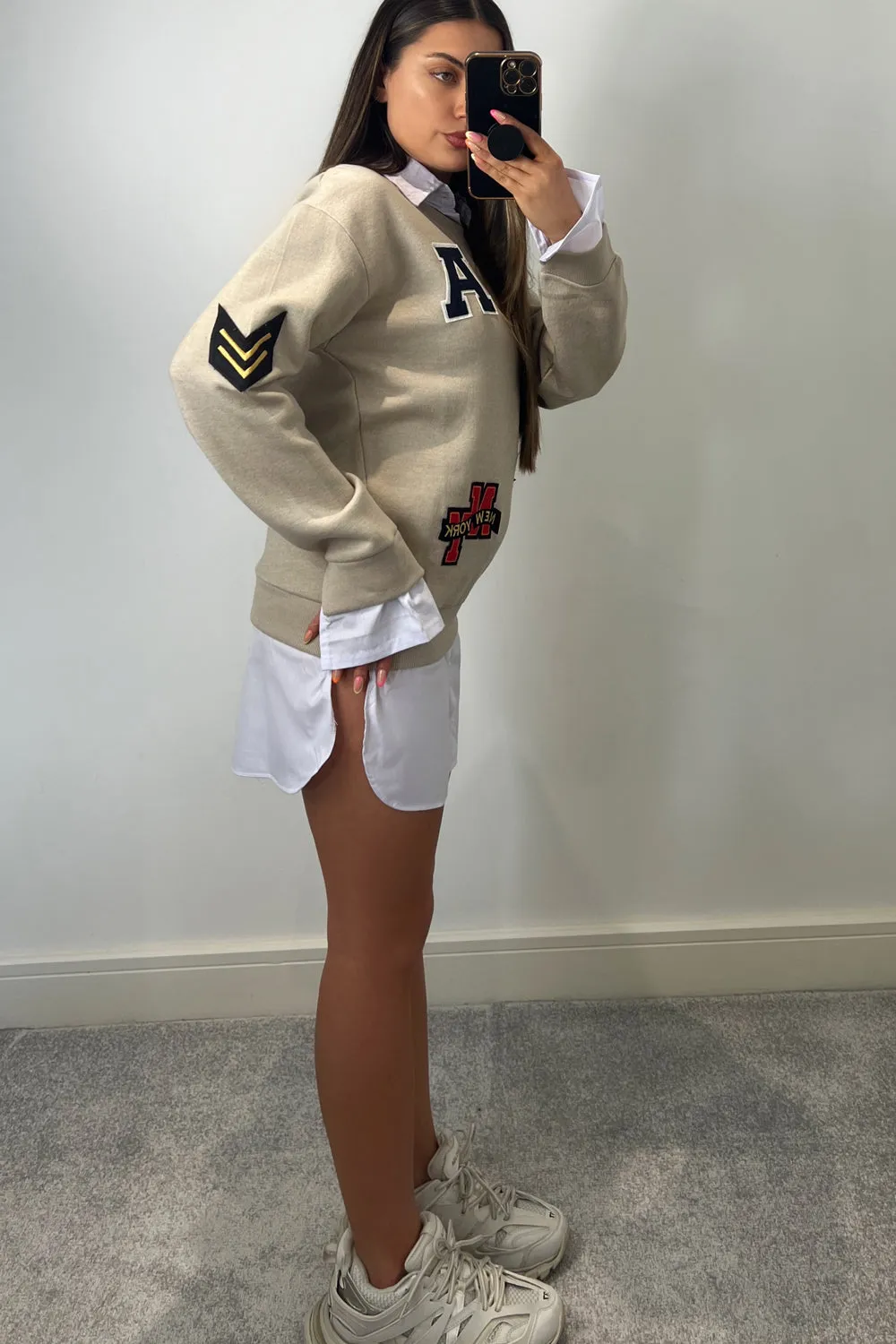 Isabella Beige Slogan Patch Undershirt Sweatshirt