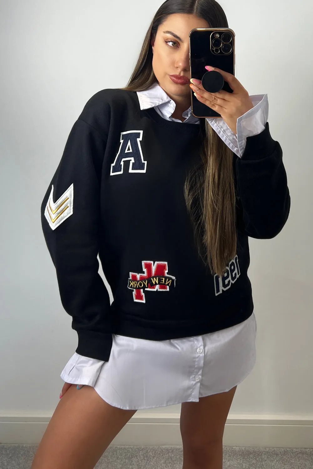 Isabella Black Slogan Patch Undershirt Sweatshirt