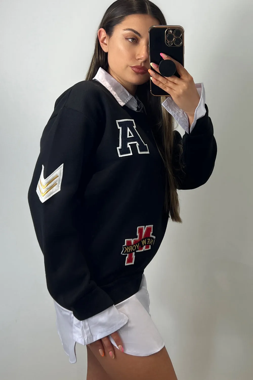 Isabella Black Slogan Patch Undershirt Sweatshirt