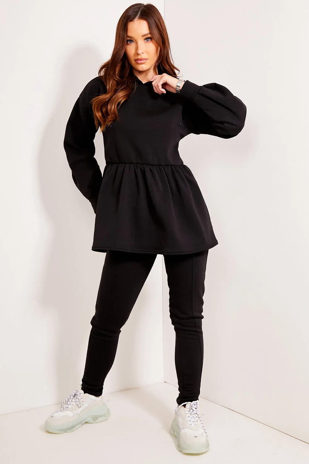 Jordie Black Peplum Hoodie and Joggers Lounge Co-Ord Set