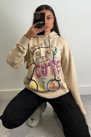 Kenzie Beige Cute Teddy Graphic Print Oversized Hoodie