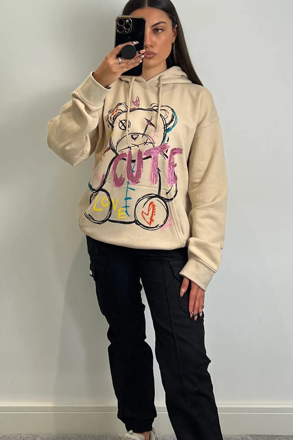 Kenzie Beige Cute Teddy Graphic Print Oversized Hoodie