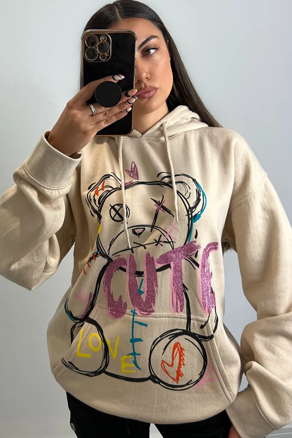 Kenzie Beige Cute Teddy Graphic Print Oversized Hoodie