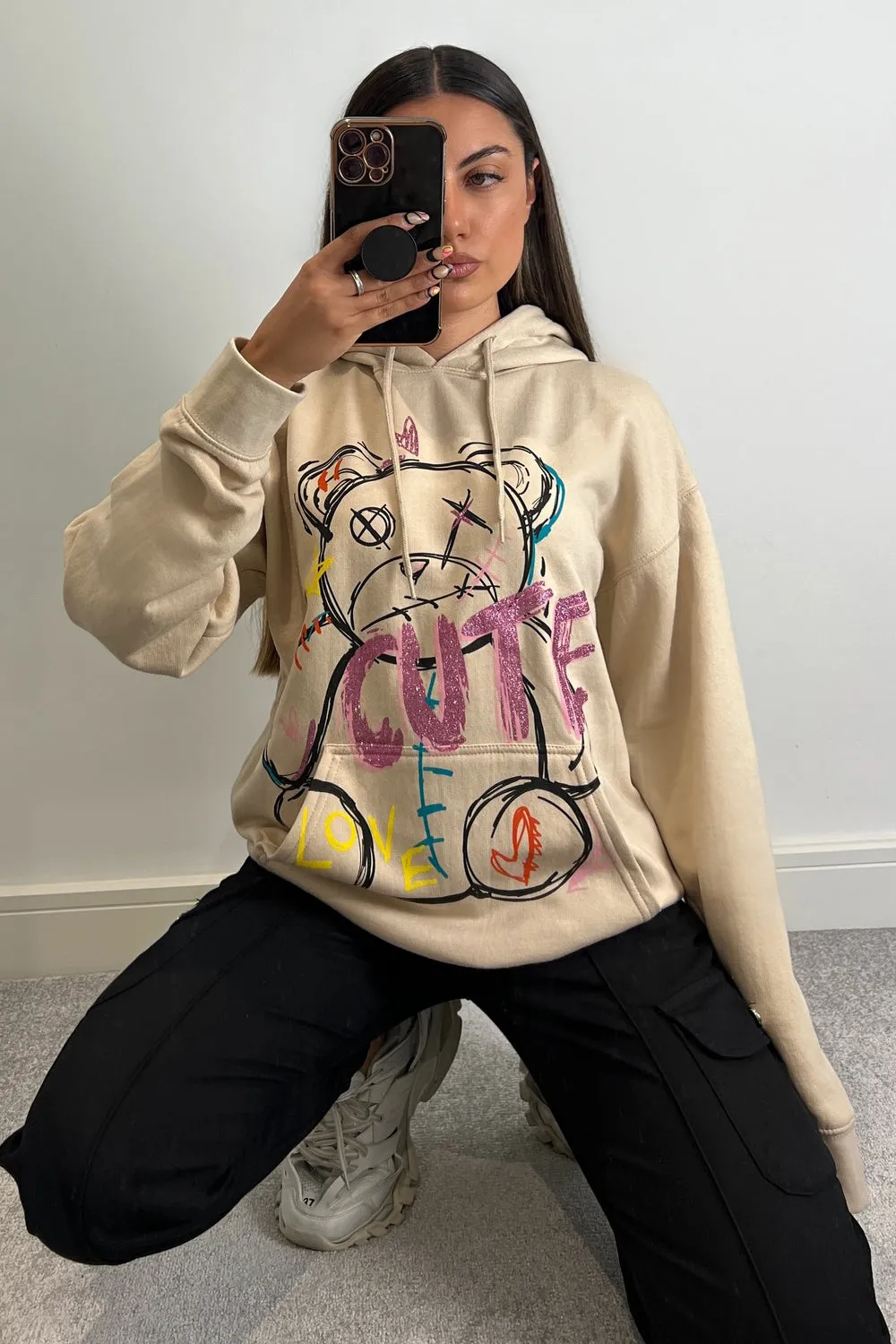 Kenzie Beige Cute Teddy Graphic Print Oversized Hoodie