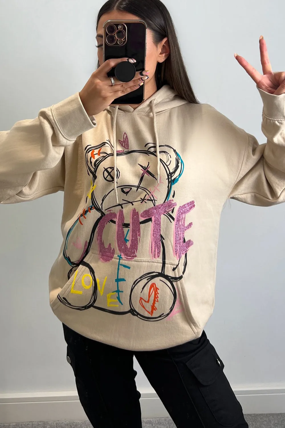 Kenzie Beige Cute Teddy Graphic Print Oversized Hoodie