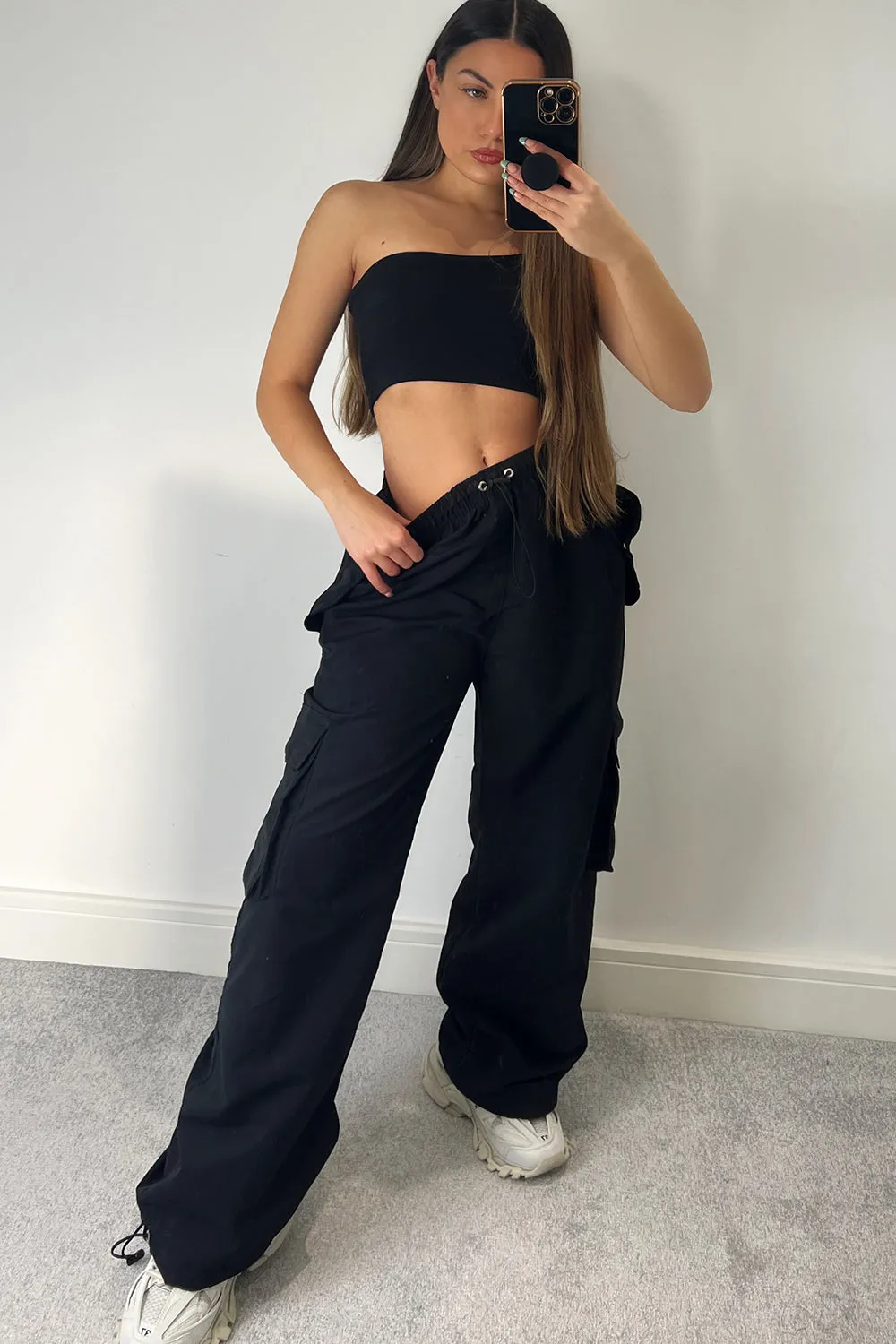 Kiesha Black Parachute Toggle Pocket Cargo Trousers