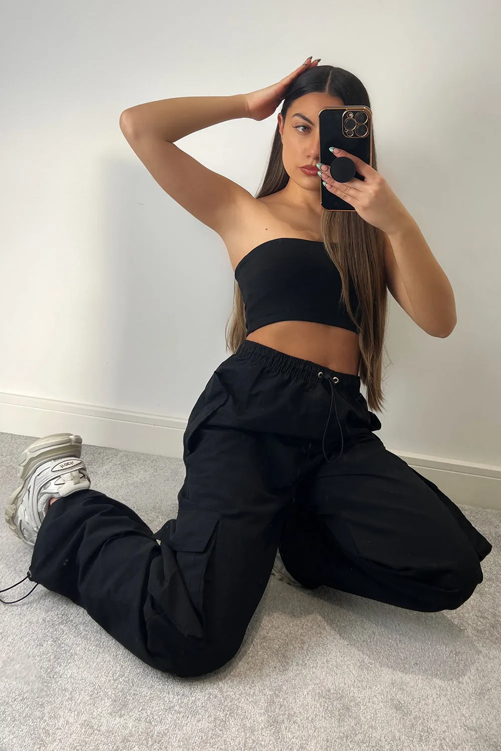 Kiesha Black Parachute Toggle Pocket Cargo Trousers