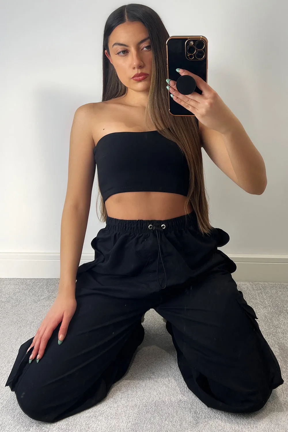 Kiesha Black Parachute Toggle Pocket Cargo Trousers