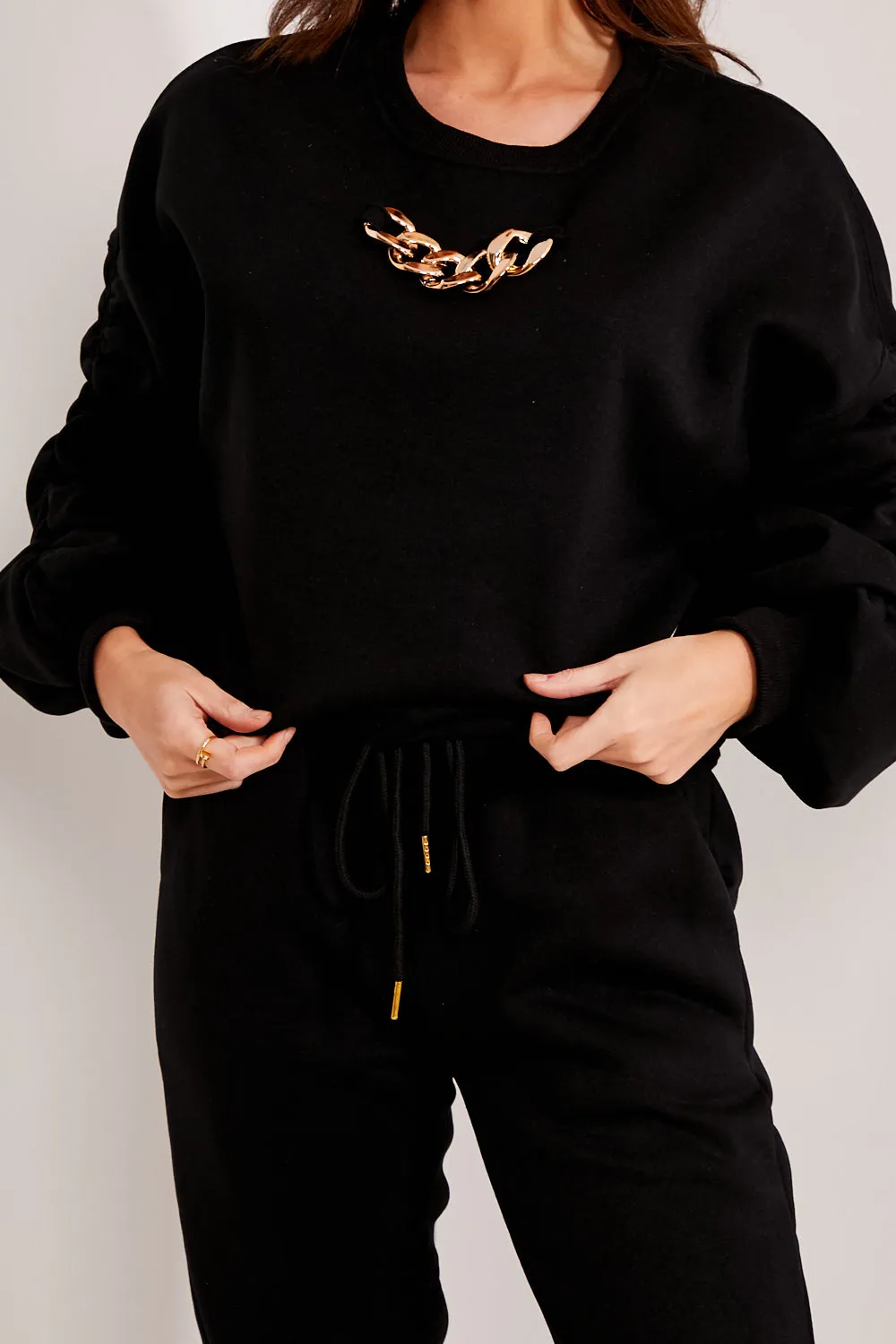 Kyra Black Ruched Chain Detail Jumper and Joggers Tracksuit Set