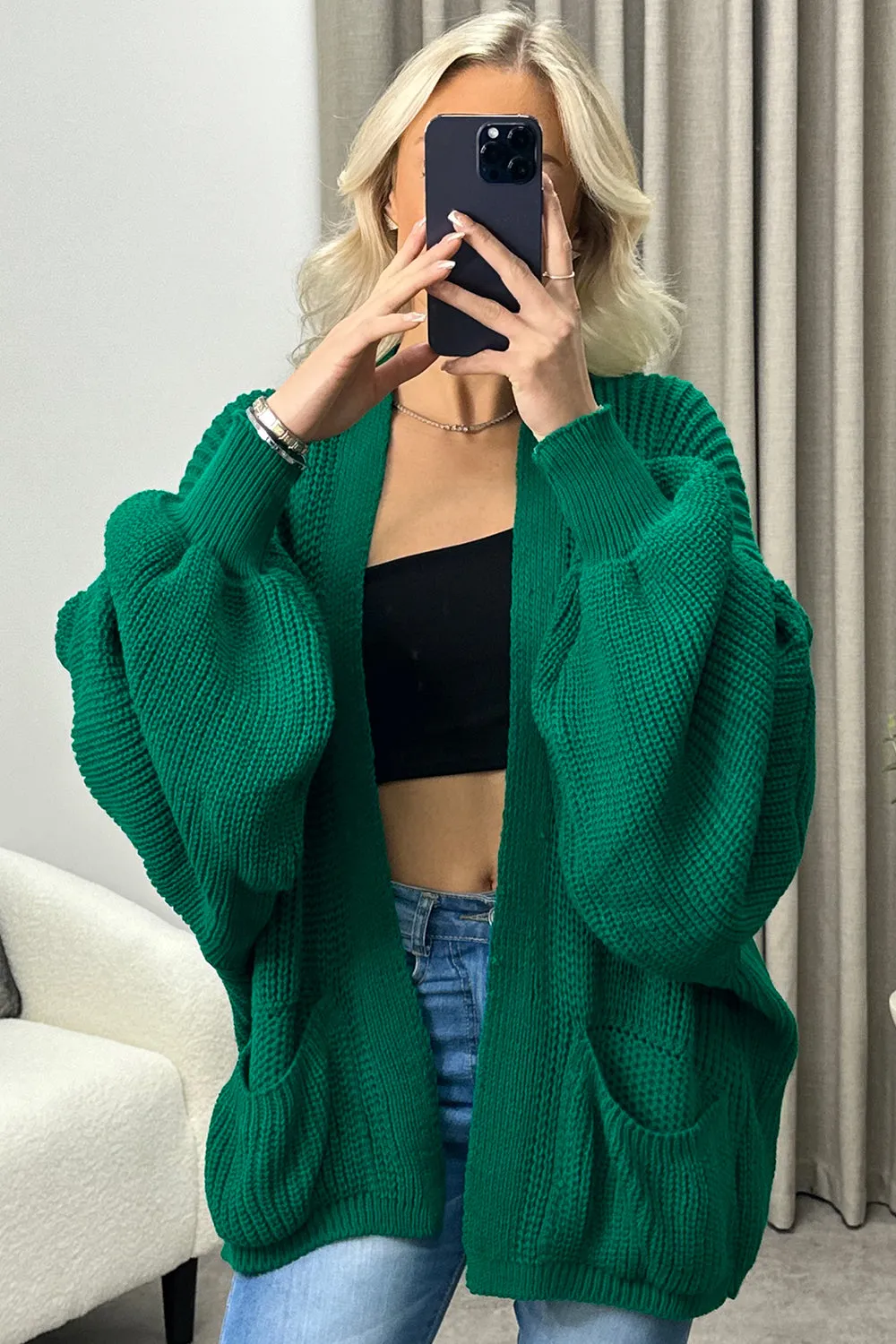 Lexa Green Balloon Sleeve Knitted Cardigan