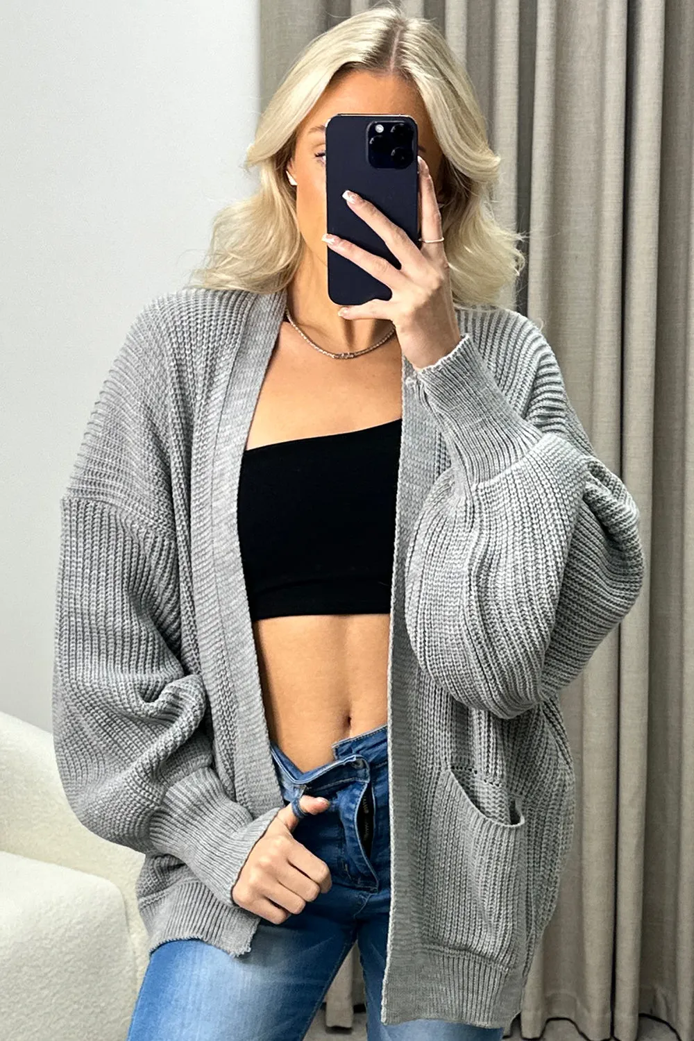 Lexa Grey Balloon Sleeve Knitted Cardigan