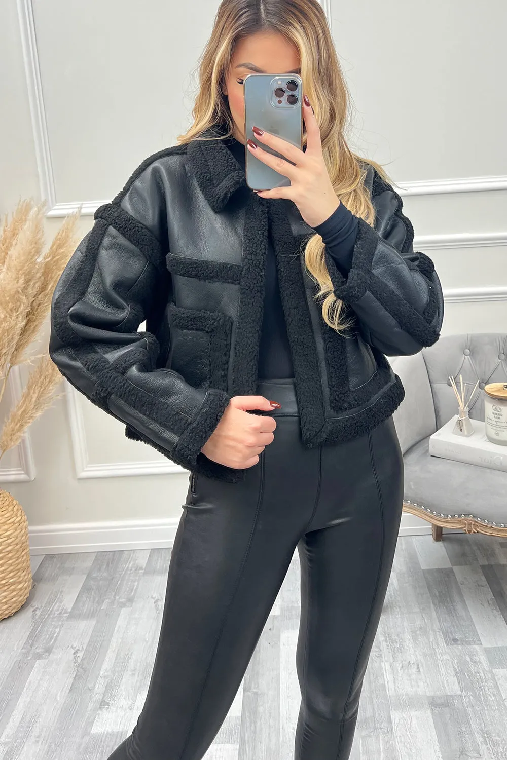 Lilly Black PU Faux Leather Shearling Jacket