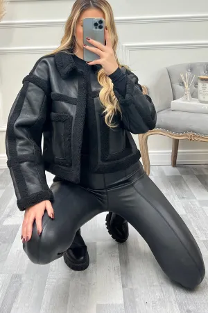 Lilly Black PU Faux Leather Shearling Jacket