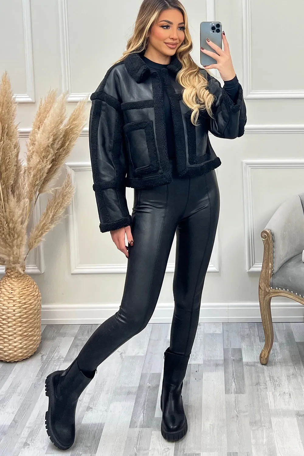 Lilly Black PU Faux Leather Shearling Jacket