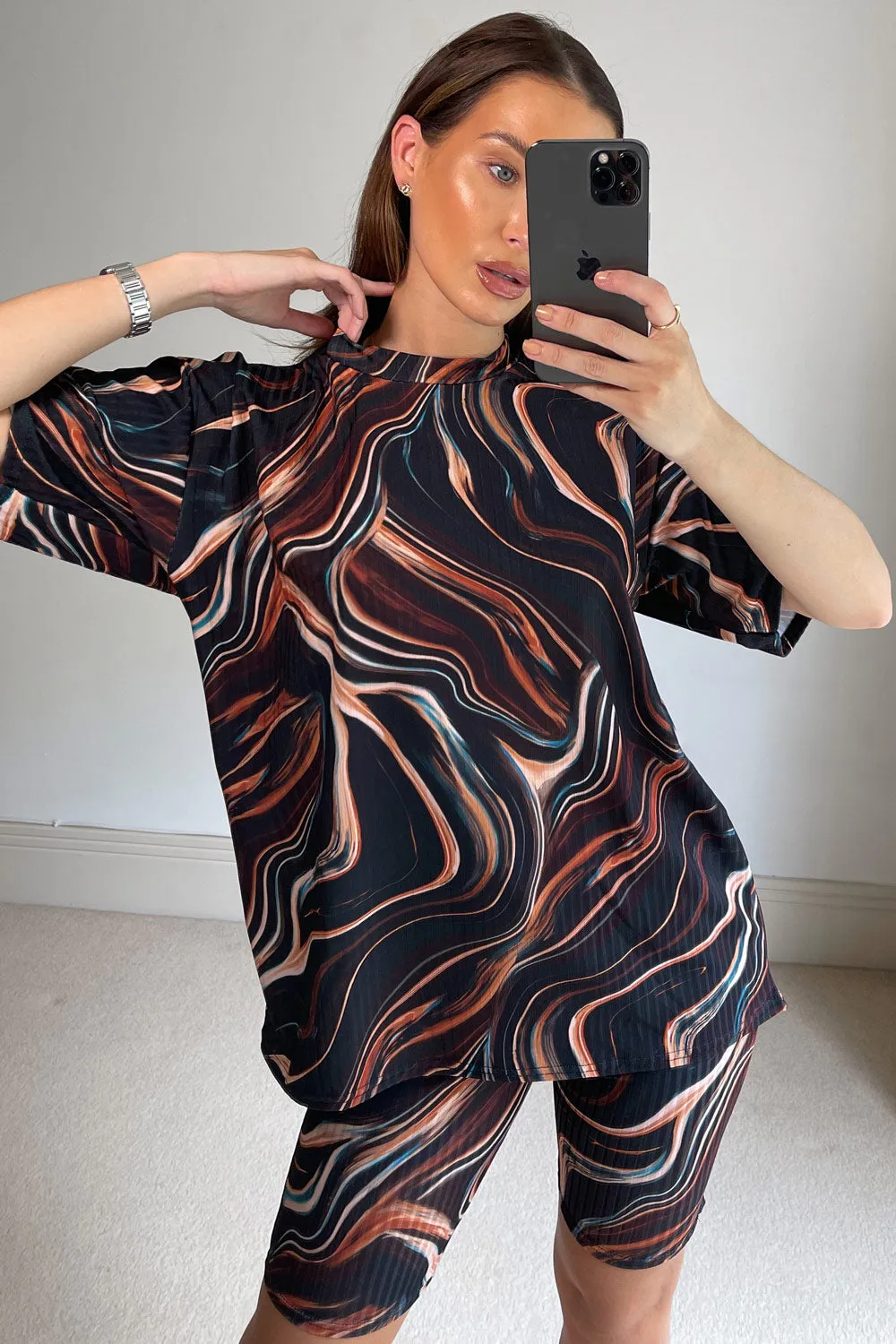Lily Black Marble Print Oversized T-Shirt and Cycling Shorts