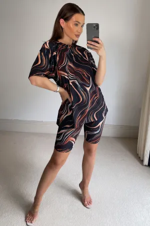 Lily Black Marble Print Oversized T-Shirt and Cycling Shorts