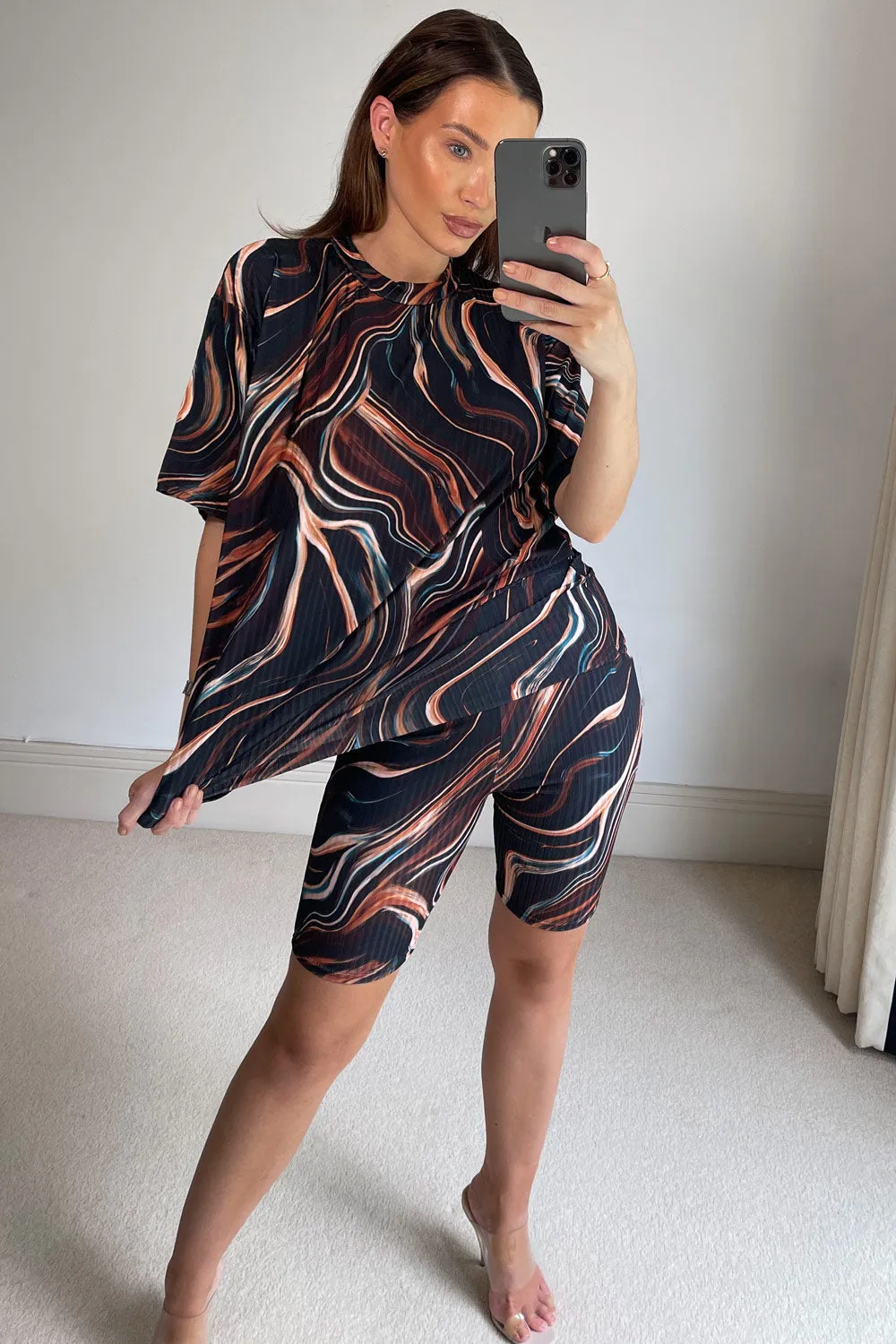 Lily Black Marble Print Oversized T-Shirt and Cycling Shorts