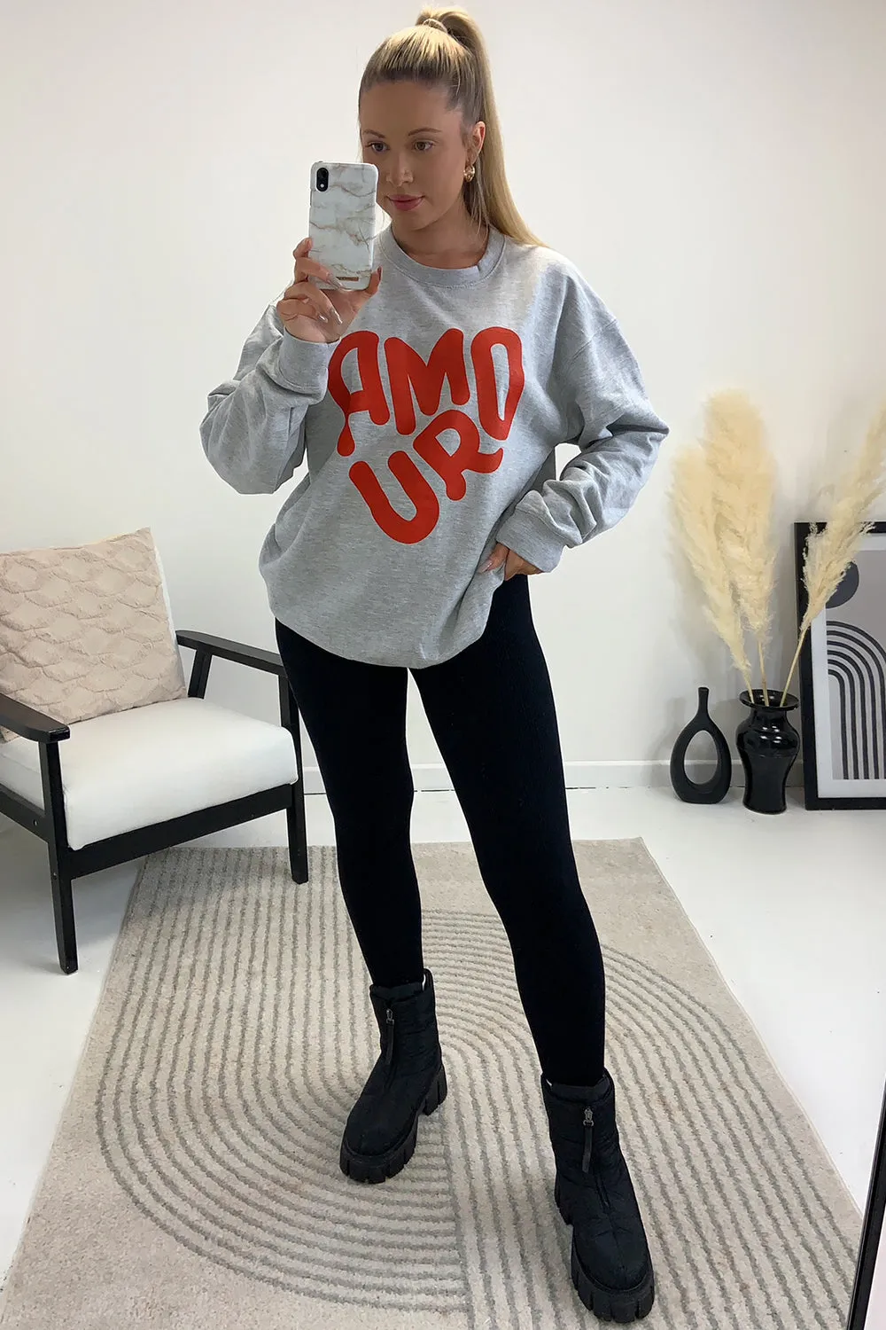 Lucie Grey Oversized Amour Slogan Printed Jumper