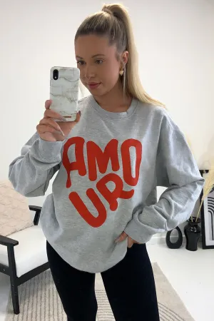 Lucie Grey Oversized Amour Slogan Printed Jumper