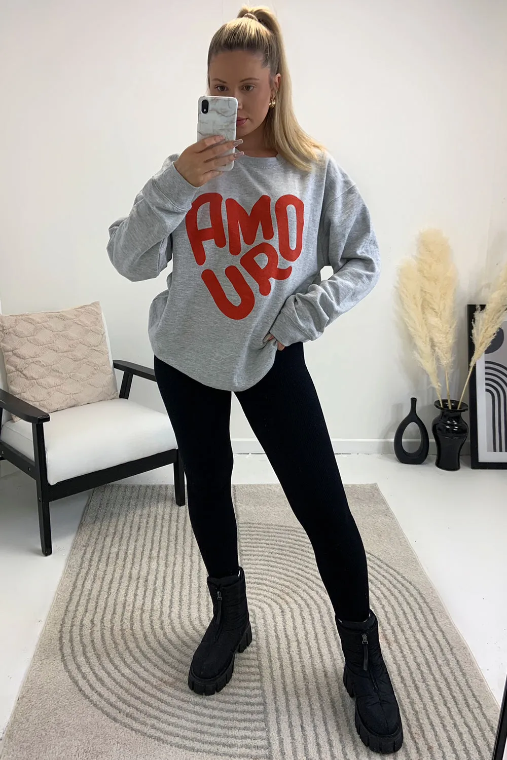 Lucie Grey Oversized Amour Slogan Printed Jumper