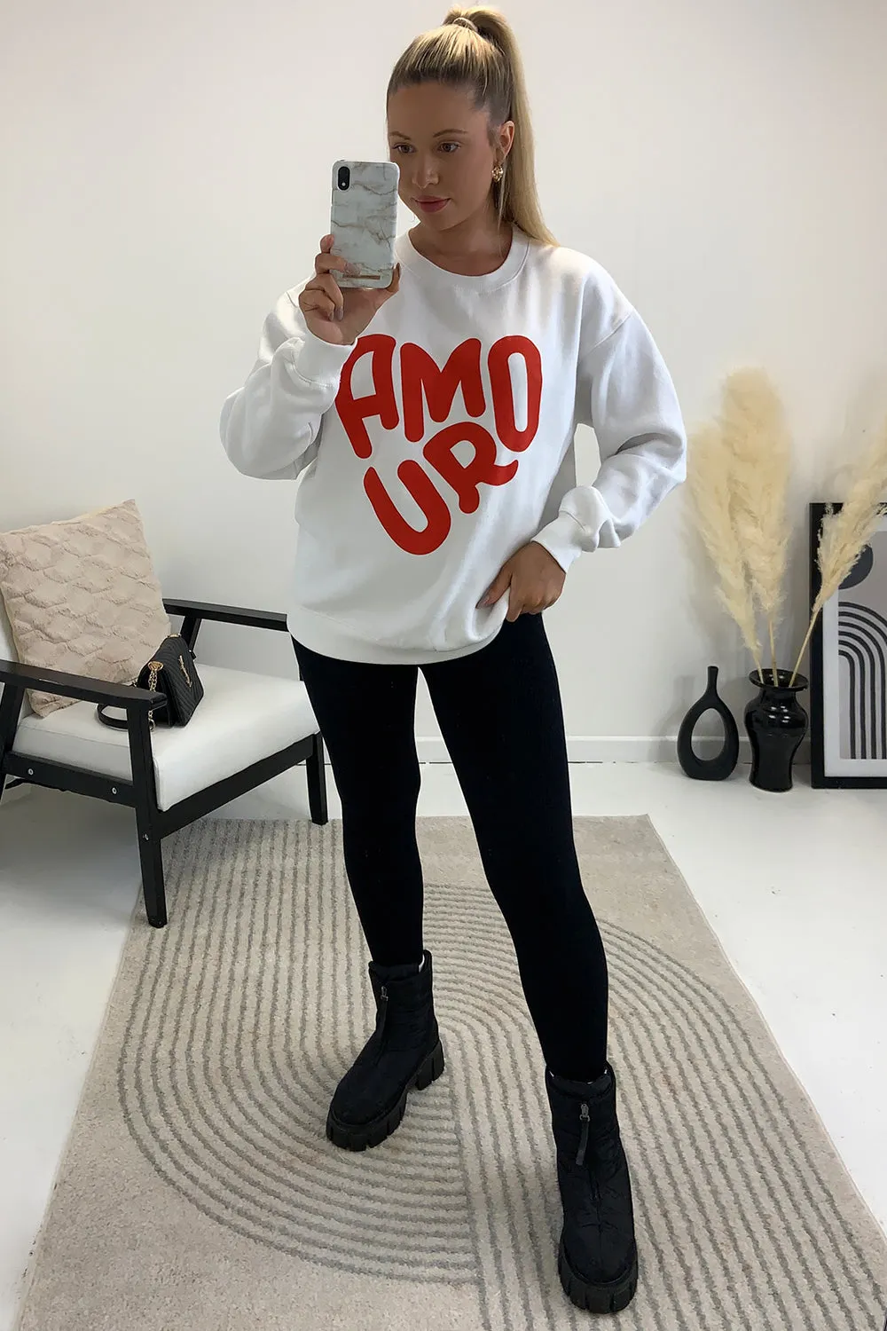 Lucie White Oversized Amour Slogan Printed Jumper