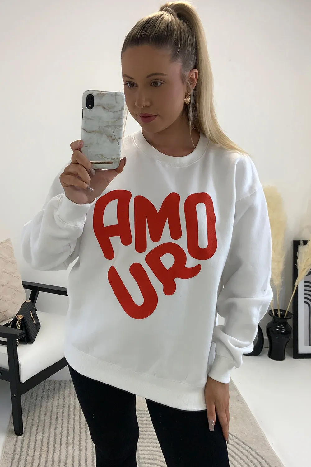 Lucie White Oversized Amour Slogan Printed Jumper