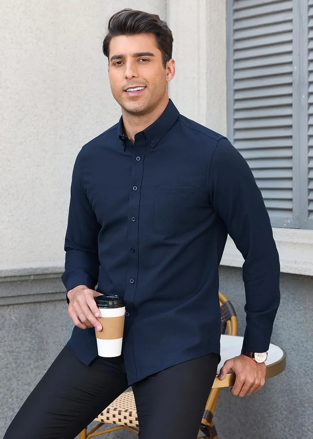 Men's Classic Oxford Shirt Solid Long Sleeve Button Down Casual Woven Shirts with Pocket