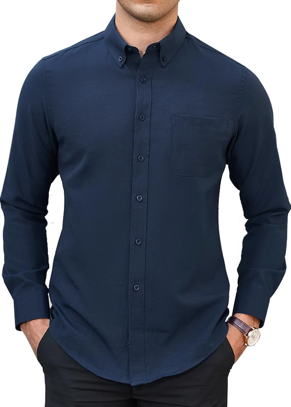 Men's Classic Oxford Shirt Solid Long Sleeve Button Down Casual Woven Shirts with Pocket