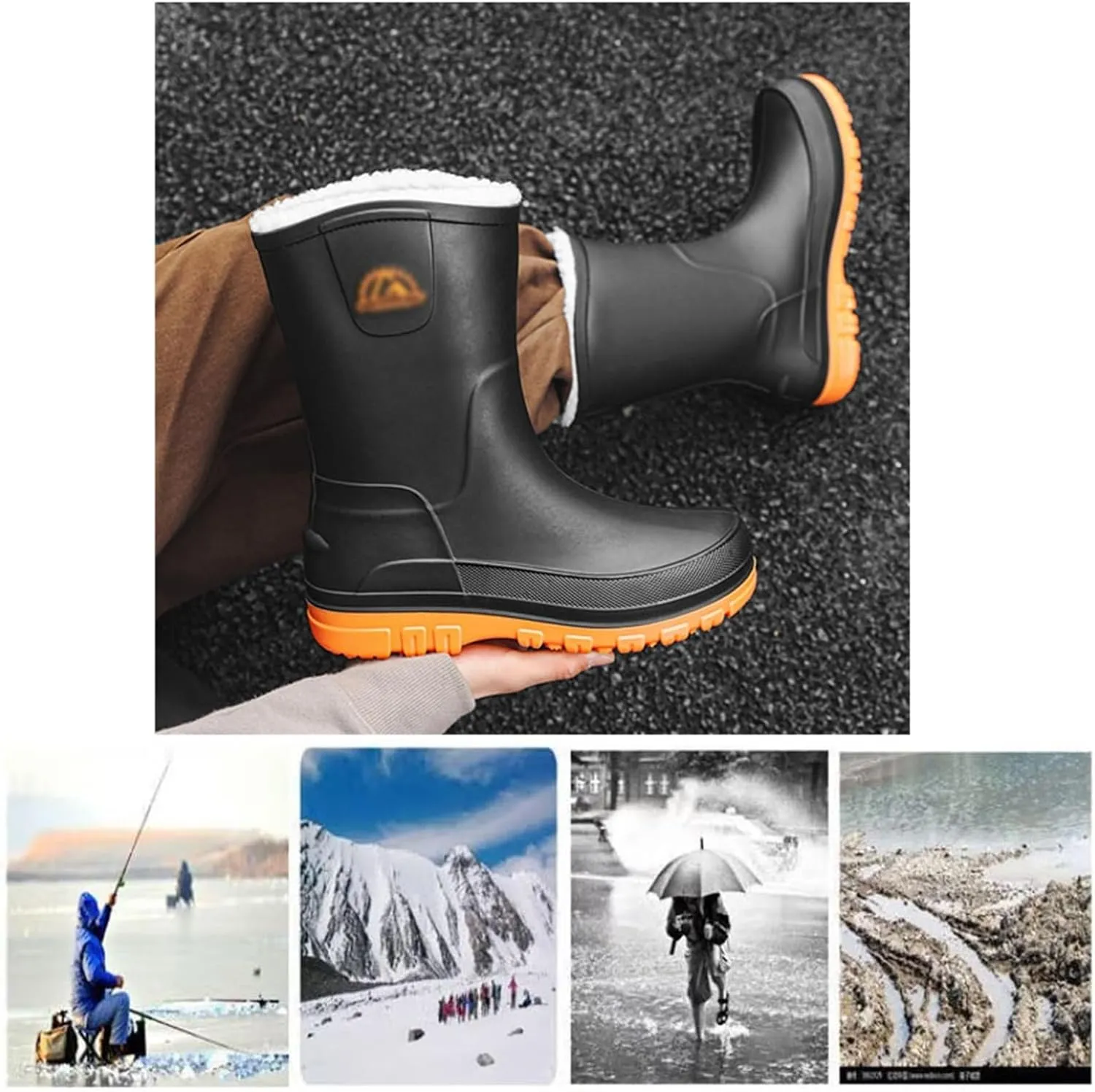 Men's Winter Warm Rubber Boots, Outdoor Waterproof Non-slip Winter Warm Fur Lined Mid Calf Rain Boots for Men, Garden Wear Width Hunting Shoes, for Agriculture and Industrial Working