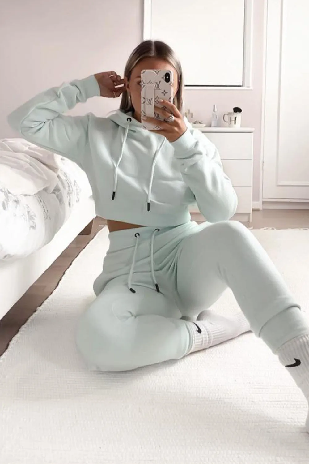 Mint Cropped Hoodie and Joggers Tracksuit Set
