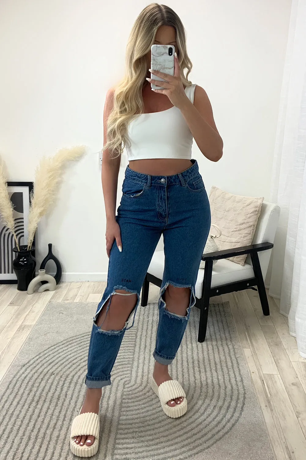 Rosa Blue Love Hate Ripped Knee Denim Jeans