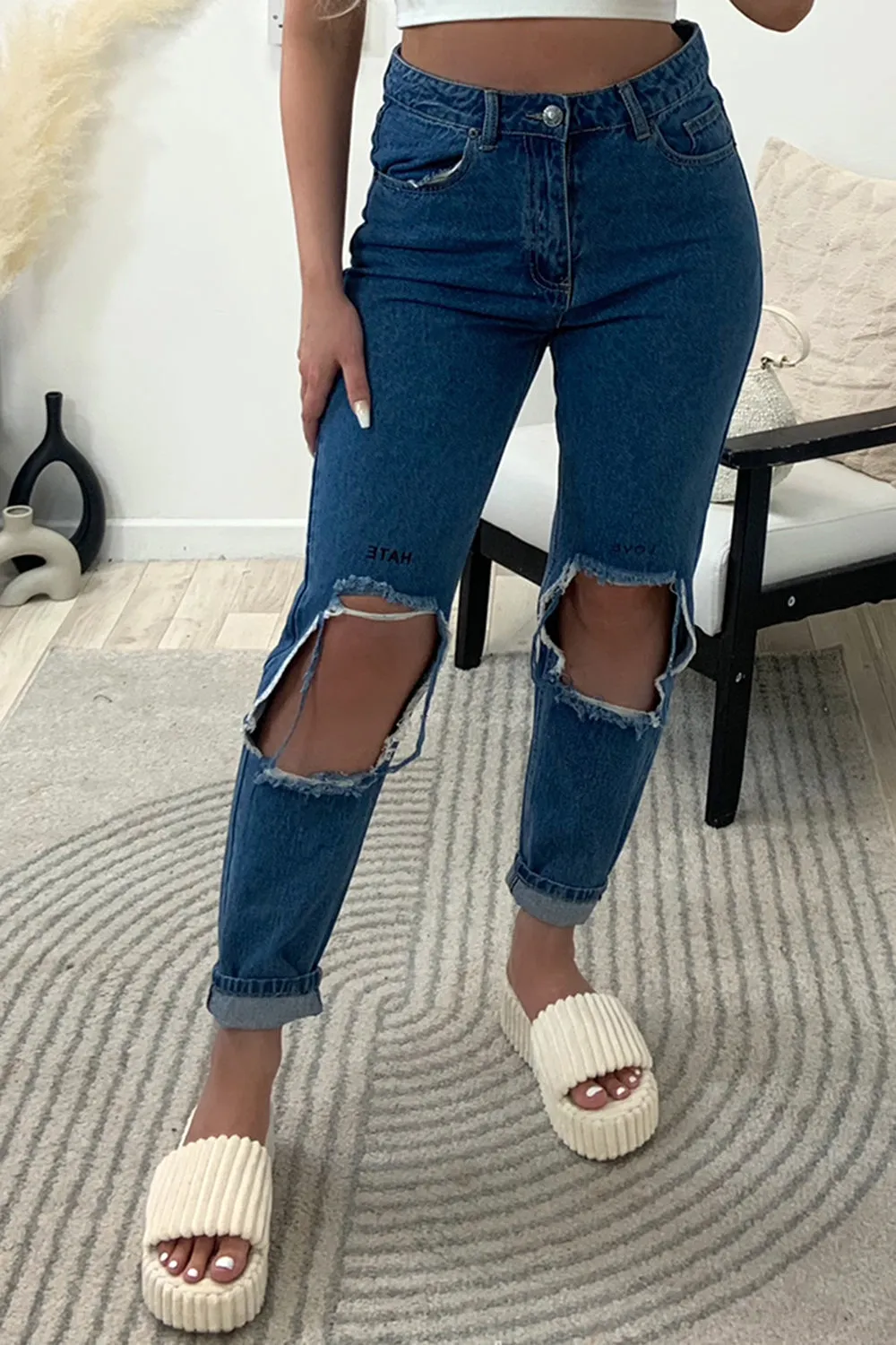 Rosa Blue Love Hate Ripped Knee Denim Jeans