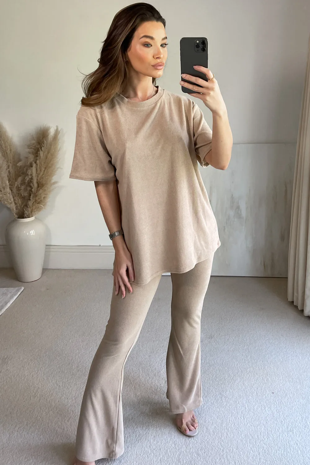 Rubey Beige Towelling Oversized T-shirt and Flared Trousers Co-Ord Set