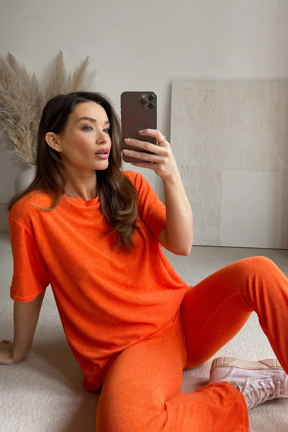 Rubey Neon Orange Towelling Oversized T-shirt and Flared Trousers Co-Ord Set