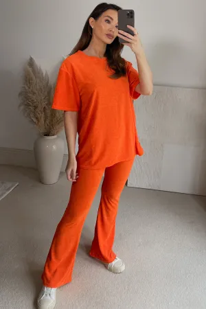 Rubey Neon Orange Towelling Oversized T-shirt and Flared Trousers Co-Ord Set